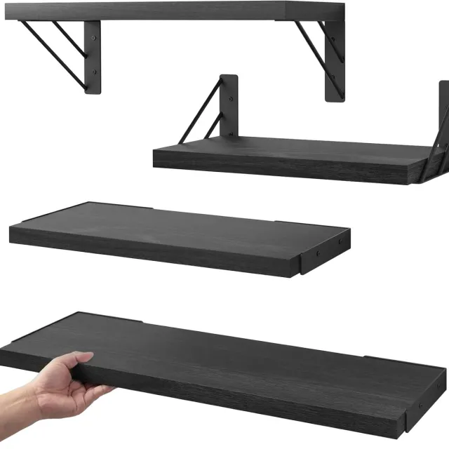YONO Wandplank Zwevend Set - Hout - 4 Stuks - Boekenplanken - Industrieel Muurplank - Zwart