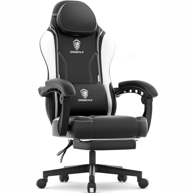 Dowinx Ergonomische Bureaustoel / Gamingstoel- Ergonomisch - Met massagefunctie - Met uitschuifbare voetsteun - Maximaal draagvermogen 150 kg - Voor kantoor en gamen - Van faux leer - Zwart-wit