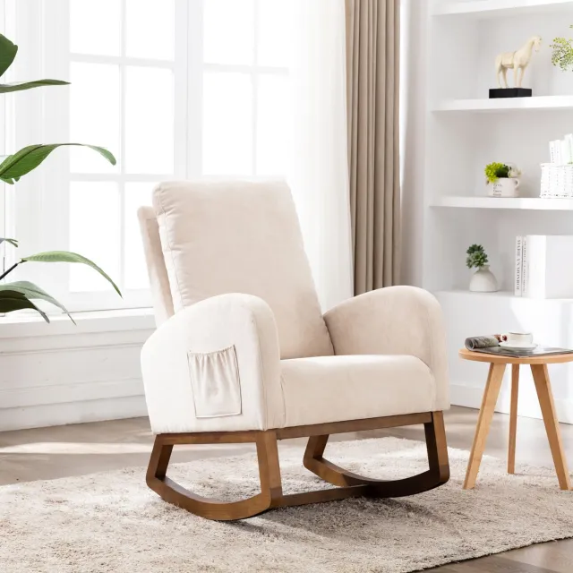 CHICFURN Schommelstoel - Hoge rugleuning - Houten onderstel - Beige