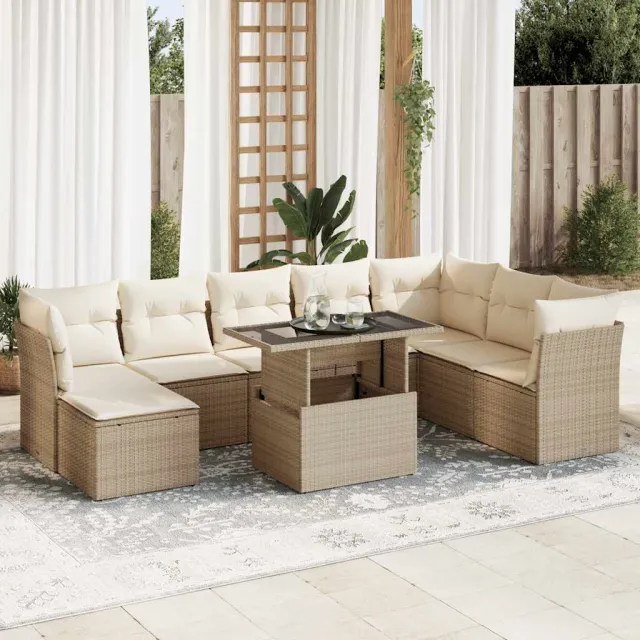 vidaXL 9-delige Loungeset met kussens poly rattan beige, foto 2