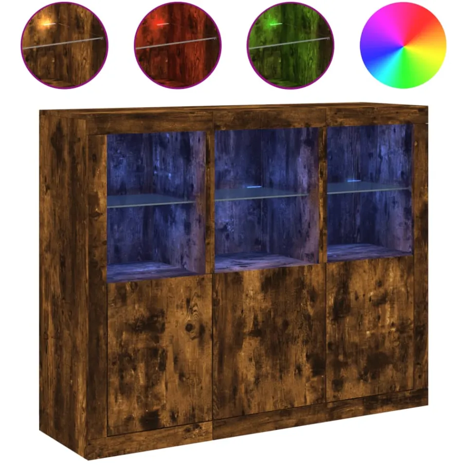 vidaXL Dressoirs met LED-verlichting 3 st bewerkt hout gerookt eiken Bruin