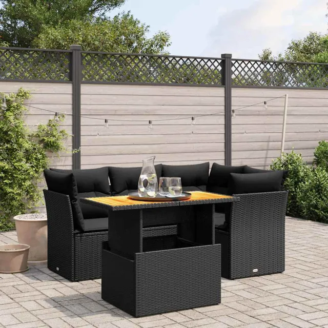 vidaXL 5-delige Loungeset met kussens poly rattan zwart, foto 2