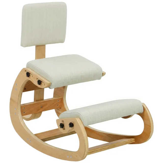 MUVANO Ergonomische knielstoel met rugleuning - Schommelonderstel - Linnenlook en berkenhout - 54 x 98 x 86 cm - Actief zitten - Voor thuiskantoor en studie - Crème