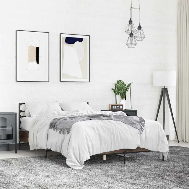 vidaXL Bedframe bewerkt hout metaal bruin eikenkleur 135x190 cm