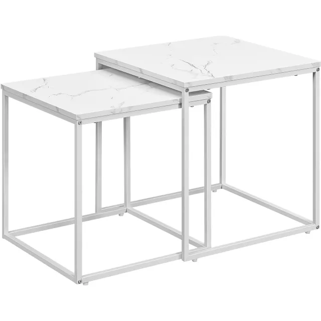 Oskar Vierkante Salontafels - Set van 2 - Witte Marmerlook en Wit Metalen Frame