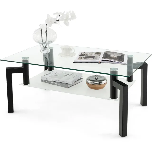 Costway Salontafel met glazen tafelblad glazen tafel koffietafel woonkamertafel salontafel theetafel voor thuis en op kantoor 100 x 60 x 43 cm Zwart