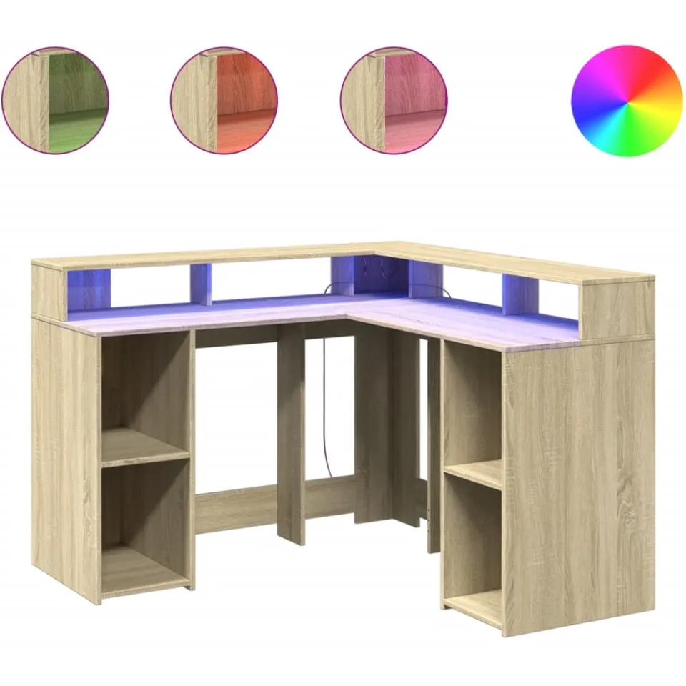 vidaXL Bureau met LED-verlichting 130x130x91 cm hout sonoma eikenkleur, foto 3