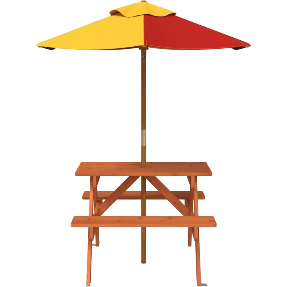 vidaXL Picknicktafel voor 4 kinderen met parasol massief vurenhout Bruin