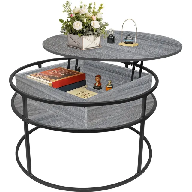 PIPIPOXER Salontafel –Salontafel in hoogte verstelbaar - woonkamertafel met hefplaat - Salontafel rond - Table basse de salon - Kleine Tafel - Salontafels - Diameter 80 x 80 cm - Donkergrijs
