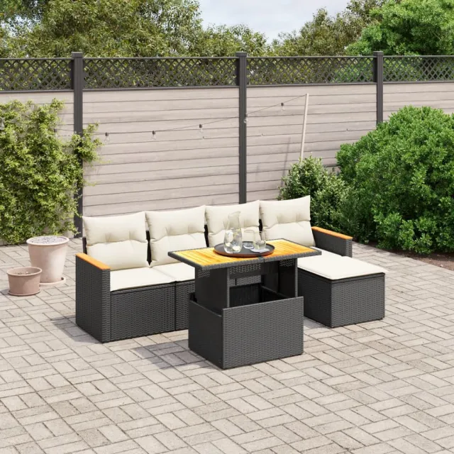 vidaXL 6-delige Loungeset met kussens poly rattan zwart, foto 2