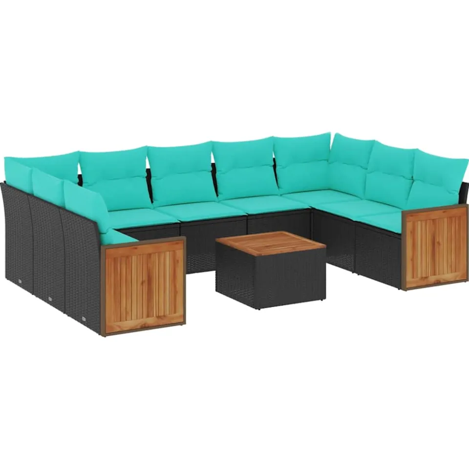 vidaXL 10-delige tuinbankset met kussens van zwart polyrotan, foto 3