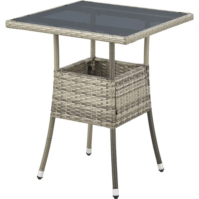 Juskys Polyrotan Tuintafel / Bijzettafel / Balkontafel Yoro - Vierkant - 60 x 60 cm - Grijs - Incl. Glasplaat