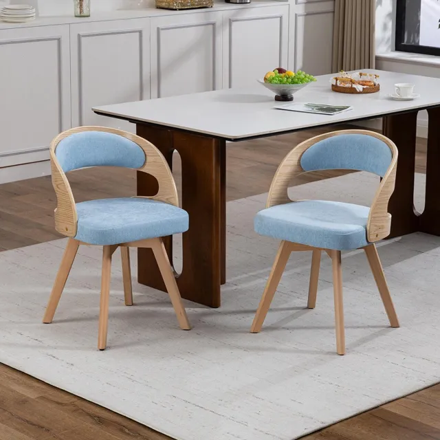 KOMHTOM BLACKCOLORS Houten eetkamerstoel, moderne draaibare eetkamerstoel met kussen van katoen en linnen en gebogen rugleuning, ideaal als bijzetstoel voor keukens, cafés en woonkamers. Blauw
