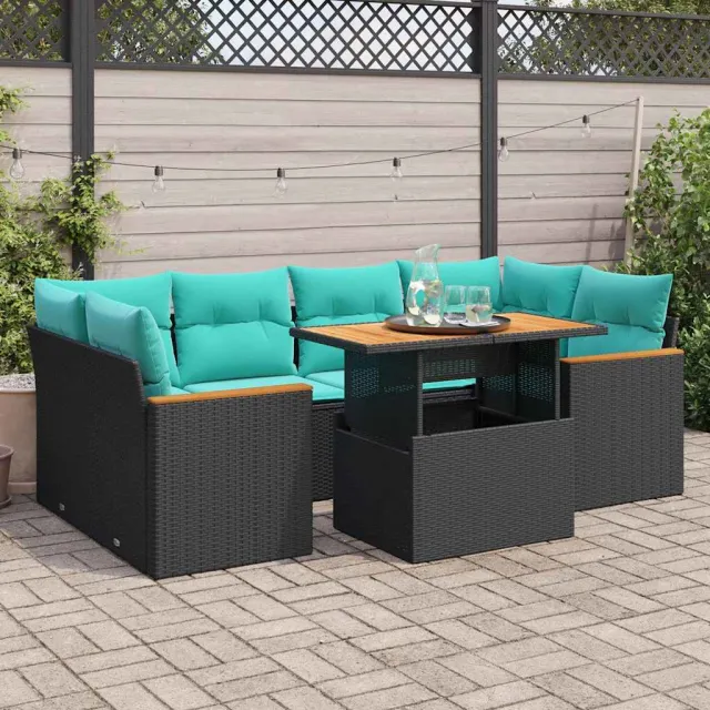 vidaXL 7-delige Loungeset met kussens poly rattan zwart, foto 2