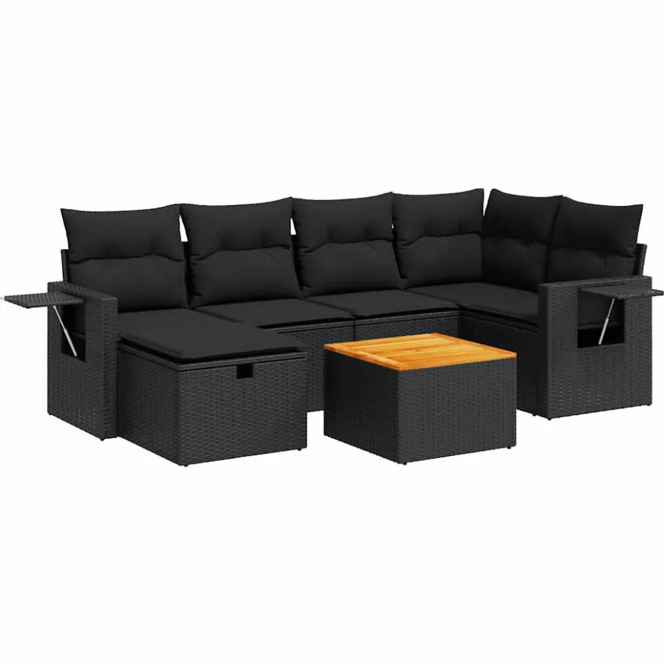 vidaXL 7-delige Loungeset met kussens poly rattan zwart, foto 3