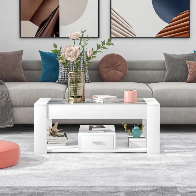 MIVRAY Salontafel - Glasplaat Met Opbergruimte En Lade - Voor Woonkamer In Moderne Stijl - Spaanplaat En Glas - 100x50x40 Cm - Wit
