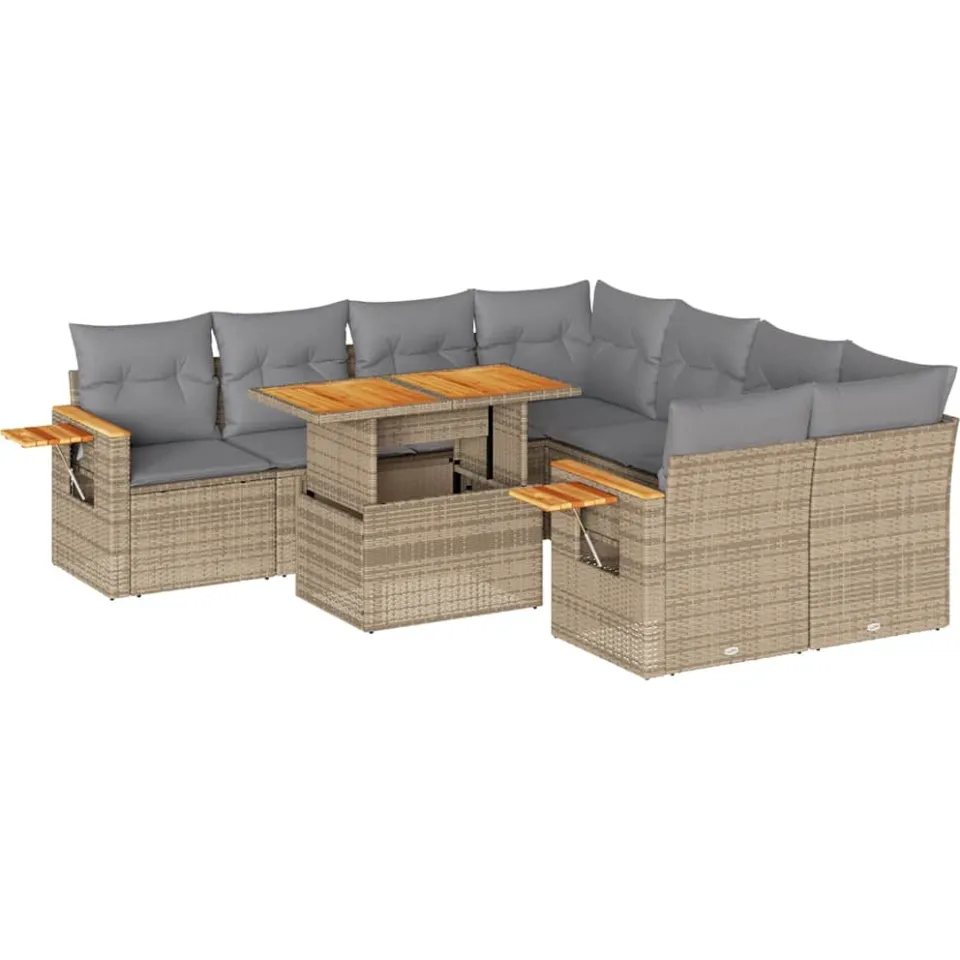 vidaXL 9-delige Loungeset met kussens poly rattan acacia beige, foto 3