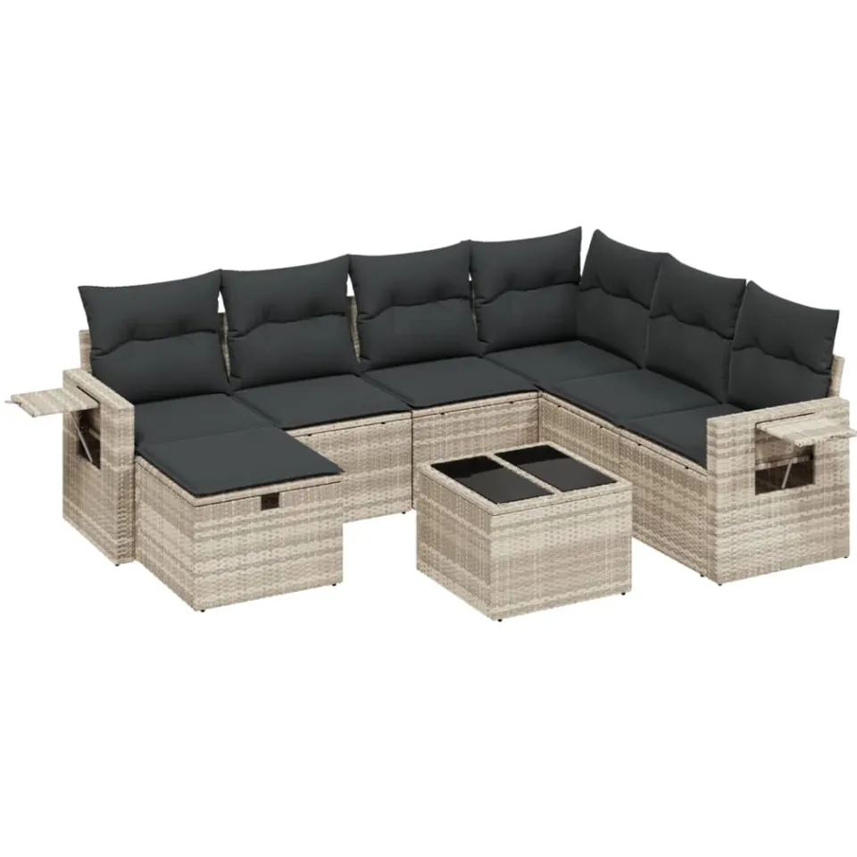 vidaXL 8-delige Loungeset met kussens poly rattan lichtgrijs grijs
