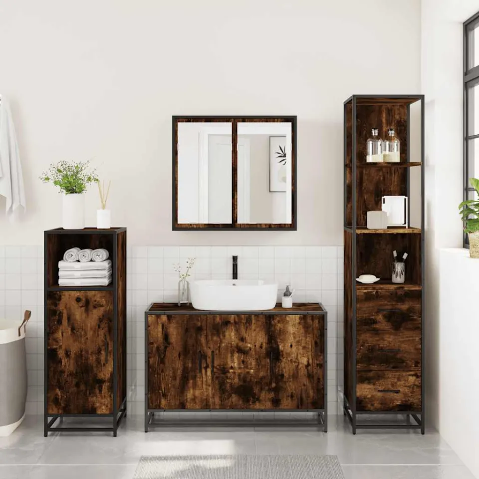 vidaXL 3-delige Badkamermeubelset bewerkt hout gerookt eikenkleurig, foto 4