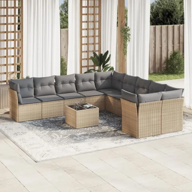 vidaXL 11-delige Tuinset met kussens poly rattan beige, foto 2