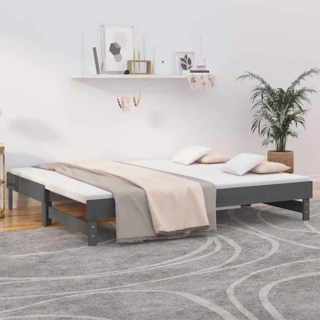 vidaXL Slaapbank uitschuifbaar massief grenenhout grijs 2x(100x200) cm
