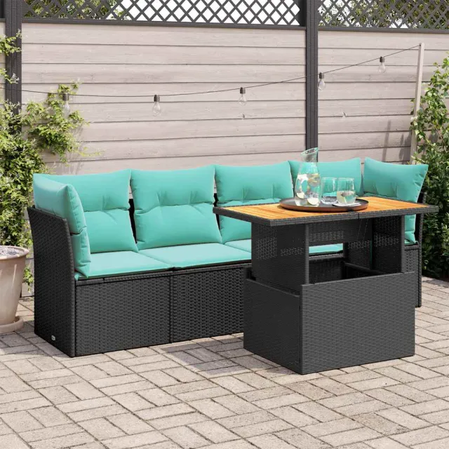 vidaXL 5-delige Loungeset met kussens poly rattan zwart, foto 2