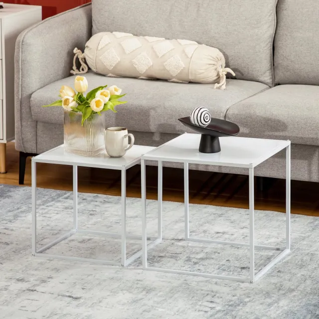 DESMIU Salontafelset - Set van 2 Vierkante Salontafels - Modern en Flexibel voor Woonkamer - Staal - 40 X 40 X 40 Cm - Wit