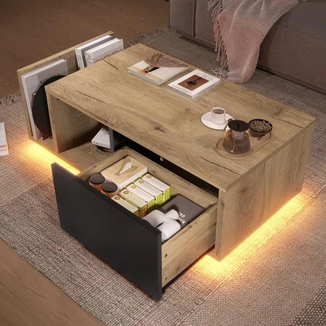 REDOM Salontafel met lade - Rechthoekige vorm - Opbergruimte - Retro stijl - Woonkamer - Hout en metaal - Naturel - 99,5 x 53 x 38 cm Natural