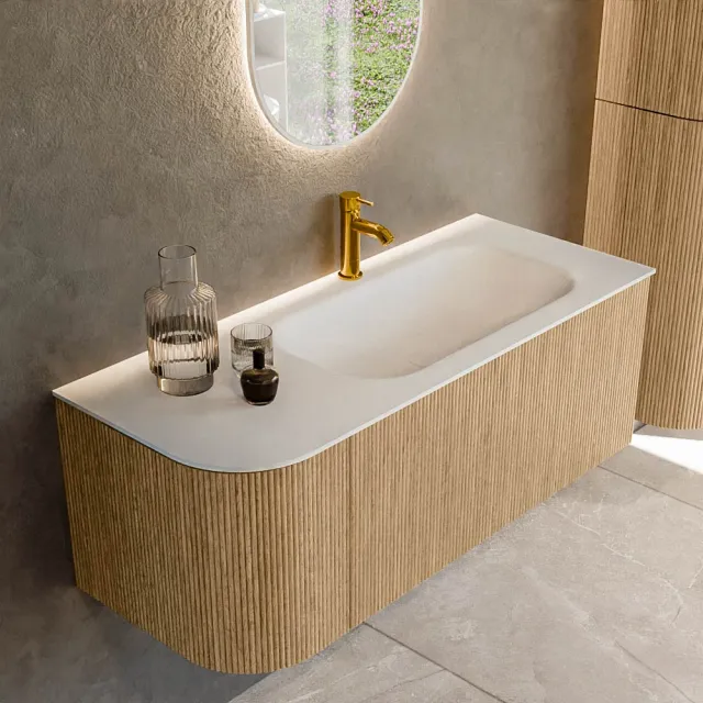 Mondiaz KURVE 115 cm Onderkast Greeploos 1 Lade Met Deuren Oak, Wastafel Solid Surface Rechts Talc 1 Kraangat Zonder Spiegel (KRVBGS115L1L1D1KR-Oak/Tal)