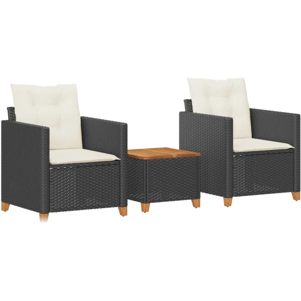 vidaXL 3-delige Bistroset met kussens poly rattan en acaciahout zwart, foto 3