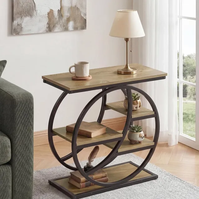 Tribesigns Bijzettafel - Eindtafel met 4 Opbergplanken - Houten Bijzettafel met Metalen Frames - Sidetable voor Woonkamer, Thuiskantoor, Slaapkamer - 65 x 30 x 65 cm - Rustiek Licht Eiken + Zwart
