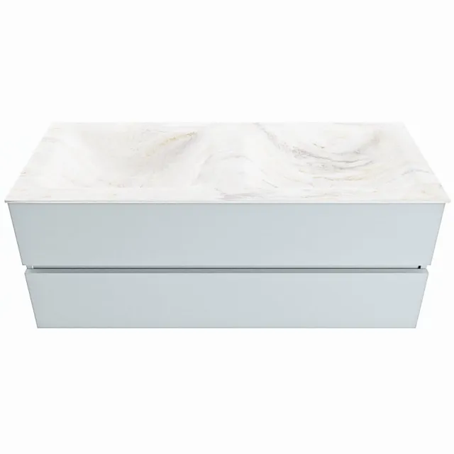 Mondiaz VICA-DLUX 120cm badmeubel onderkast Clay 2 lades. Inbouw wastafel CLOUD dubbel zonder kraangat, kleur Ostra.