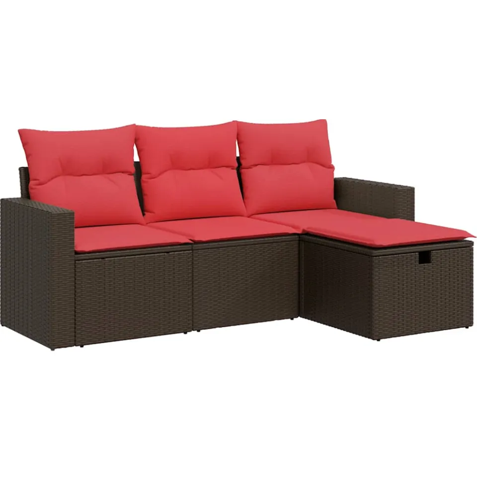 vidaXL 4-delige Loungeset met kussens poly rattan bruin, foto 3