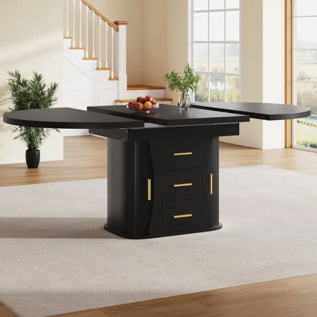 MEUNIQ Uitschuifbare eettafel 118-158 x 118 cm, rond naar ovaal, MDF met lades en opbergruimte, voor maximaal 6 personen, zwart