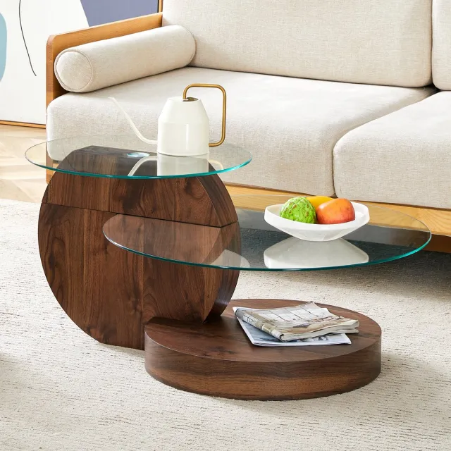 Clruro Salontafel - Meerlaags - Veiligheidsglas en MDF - Modern Minimalistisch Design - Glas en MDF - Transparant Transparant, Walnoot