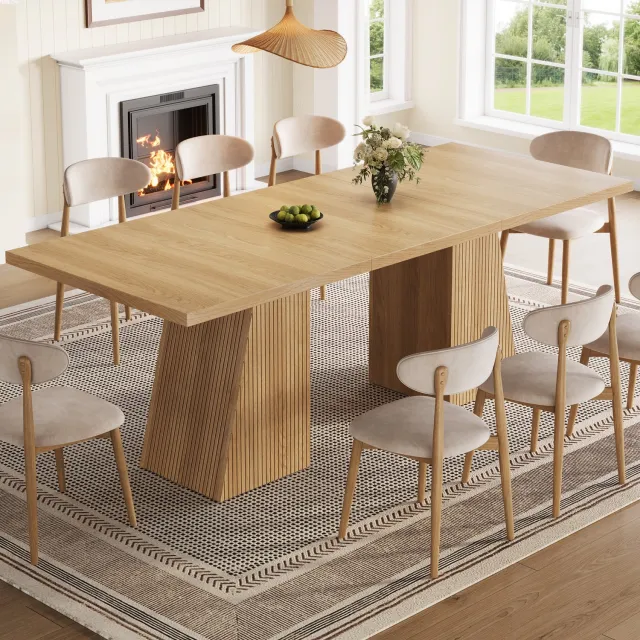 OKWISH Eettafel - Uitschuifbaar voor 4 tot 6 Personen - Rechthoekig met Trapeziumpoten - Eetkamer en Keuken - Licht Eiken - 120/160 x 80 x 76 cm