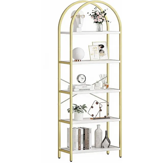HOERFURIY Twee boogboekenkasten 5 niveaus goud wit metaal, 180 cm hoog smal rek voor woonkamer en kantoor Goud en Wit