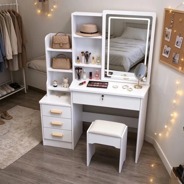 learnlogic Witte kaptafel met LED-verlichte spiegel meerdere laden opbergvakken en bijpassende kruk voor slaapkamer 80*36*125 cm