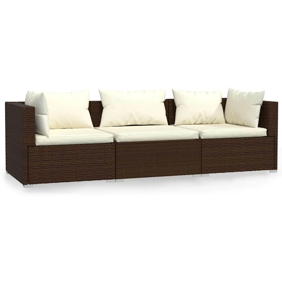 vidaXL Driezitsbank met kussens poly rattan bruin, foto 3