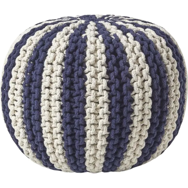 Homescapes Gebreide ronde poef - Streepdesign - Katoen - Donkerblauw en wit - 35 x 40 cm