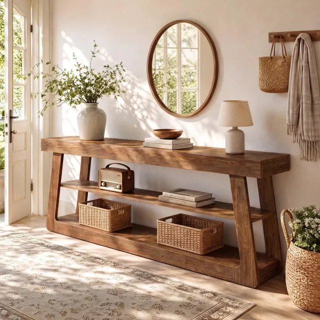 Little Trees LITTLE TREE Smalle Consol Tafel - 160 x 30 x 85 cm - Massief Hout - 3 Opbergplanken - Vintage Landelijke Stijl - Bruin