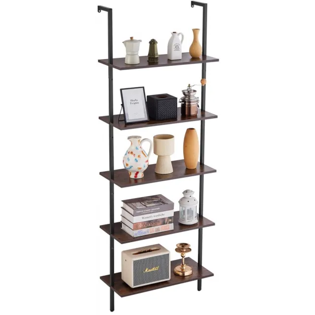 Good Living Ladderplank - Wandrek Boekenplank - 5 Lagen - Metalen Frame - Zwevende Houten Planken - 64x30 cm - Zwart