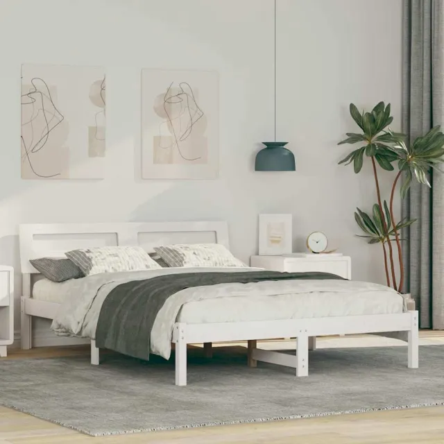 vidaXL Bedframe met hoofdeinde Wit 135 x 190 cm Massief grenenhout