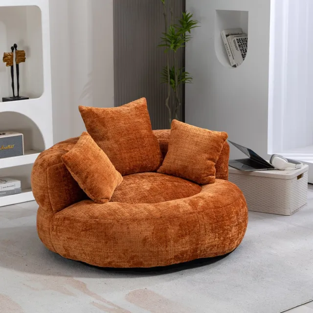 MEUNIQ Zitzak loungestoel 108 x 108 x 52 cm met rugleuning, armleuningen en 3 kussens voor binnen en buiten, oranje chenille