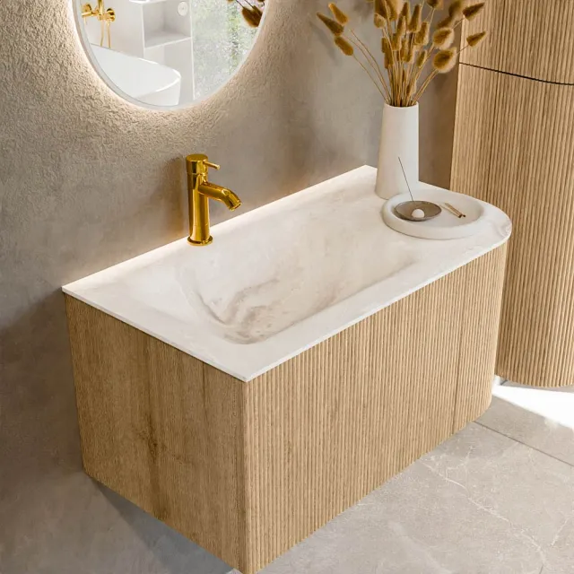 Mondiaz KURVE-DLUX 85 cm Onderkast Greeploos 1 Lade Met Deuren Oak, Wastafel Solid Surface Links Frappe 1 Kraangat Zonder Spiegel (KRVCLO85R1L1D1KL-Oak/Fra)