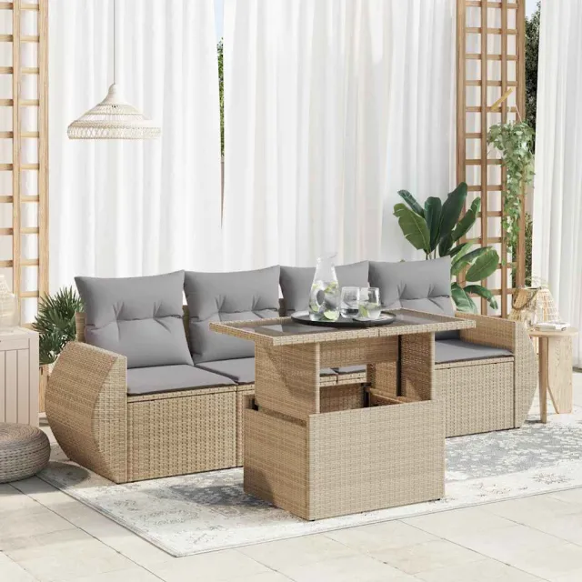 vidaXL 5-delige Loungeset met kussens poly rattan beige, foto 2