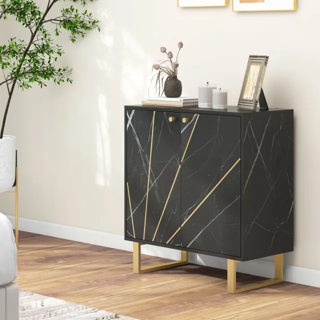 AURA LUMEN Buffetkast-Buffet opslagmeubel met 2 deuren en verstelbare planken-zwart marmerdesign-metalen poten-76x35x77 cm