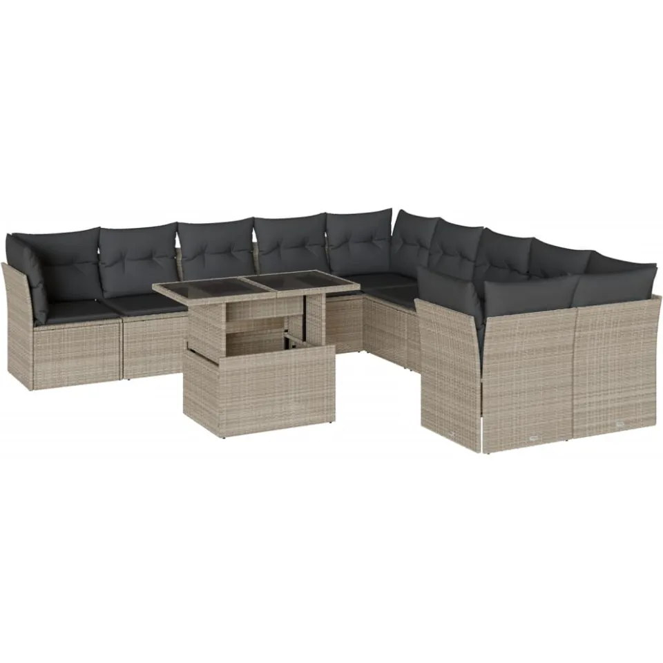 vidaXL 11-delige Loungeset met kussens poly rattan lichtgrijs grijs