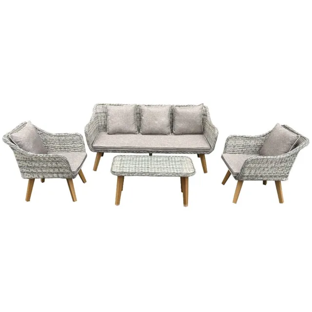Bello Giardion Technorattan Loungeset LARGO Grijs Mix | 3-zitsbank, 2 Fauteuils en Salontafel met Glas