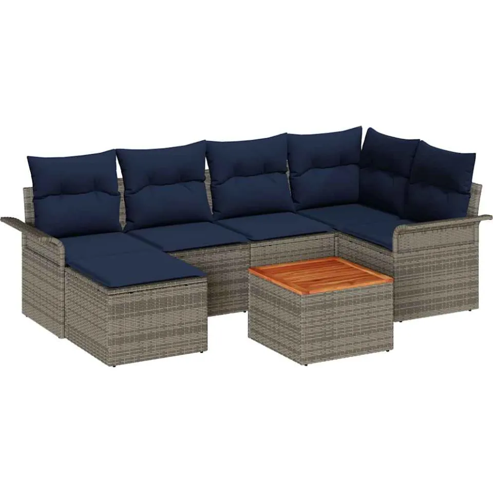 vidaXL Tuinbankenset 7 st Grijs en Marineblauw poly rattan